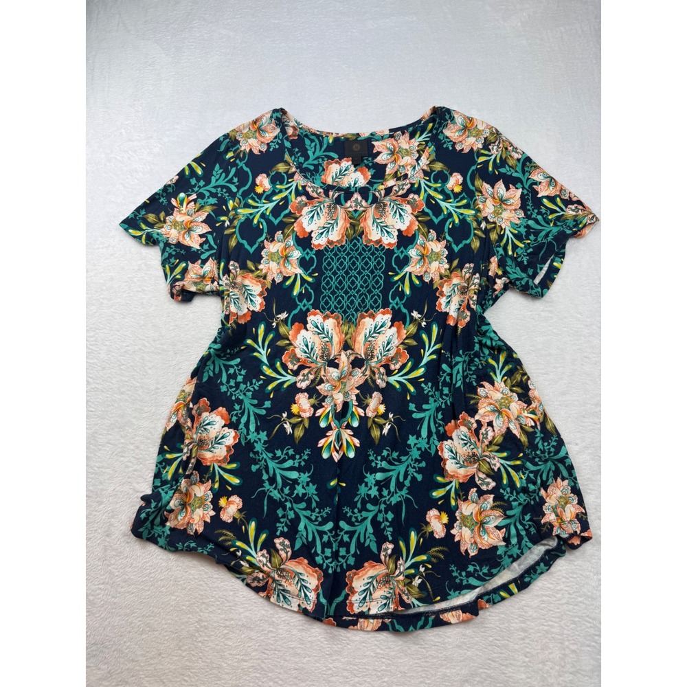 JM Collection Womens 2X Floral Paisley Medallion Knit Top Navy Teal Short Sleeve